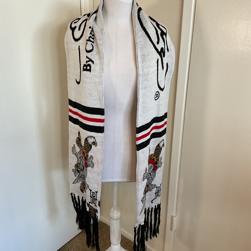 Ed Hardy Christian Audigier White Scarf Death or Glory Skull Graphic Fringe - Picture 1 of 6